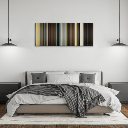 Spectre color palette canvas above a bed, between two black pendant lamps