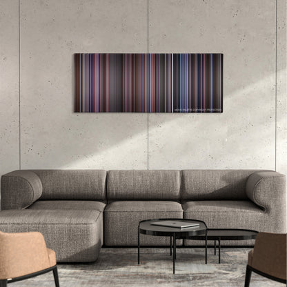 Gremlins 2: The New Batch color palette canvas on a concrete wall above a gray sectional sofa
