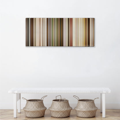 Marriage Story color palette canvas above a white bench with three woven baskets