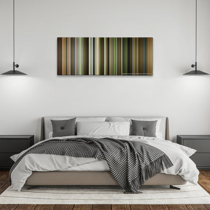 Green Book color palette canvas above a bed, between two black pendant lamps