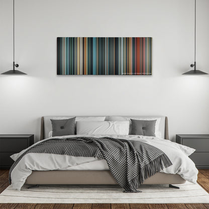 Justice League color palette canvas above a bed, between two black pendant lamps
