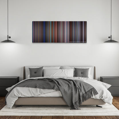 Mission: Impossible color palette canvas above a bed, between two black pendant lamps