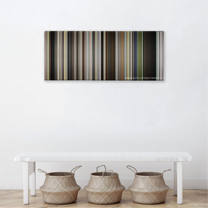 Take Shelter color palette canvas above a white bench with three woven baskets