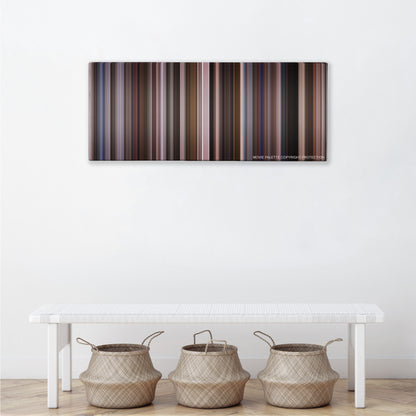An Education color palette canvas above a white bench with three woven baskets