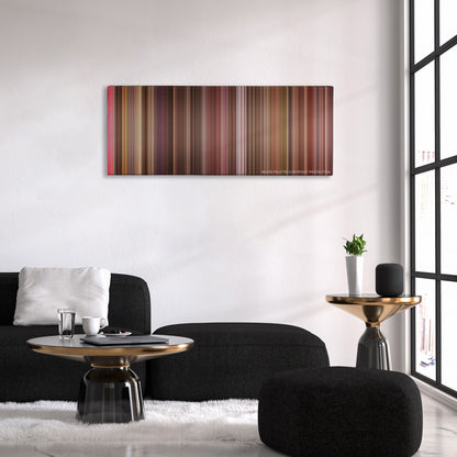 My Best Friend's Wedding color palette canvas above a black sofa with a gold-topped table