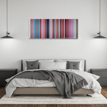 Despicable Me 2 color palette canvas above a bed, between two black pendant lamps