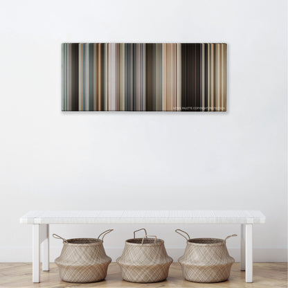 The International color palette canvas above a white bench with three woven baskets