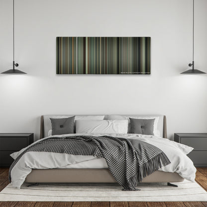 Moneyball color palette canvas above a bed, between two black pendant lamps