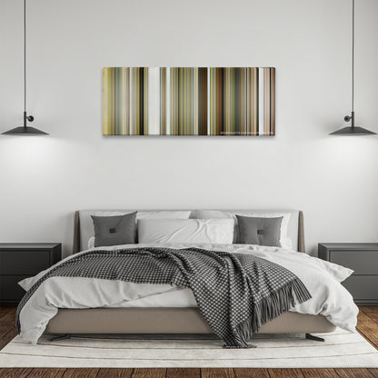 Bruce Almighty color palette canvas above a bed, between two black pendant lamps