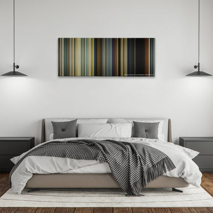 Sicario color palette canvas above a bed, between two black pendant lamps