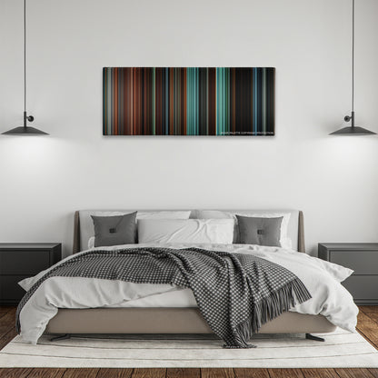 Cloverfield color palette canvas above a bed, between two black pendant lamps