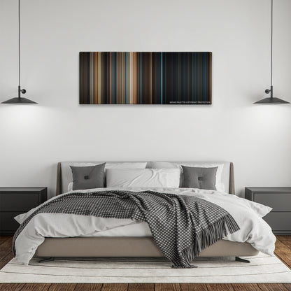 2012 color palette canvas above a bed, between two black pendant lamps