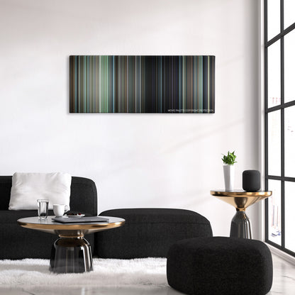 Patriots Day color palette canvas above a black sofa with a gold-topped table