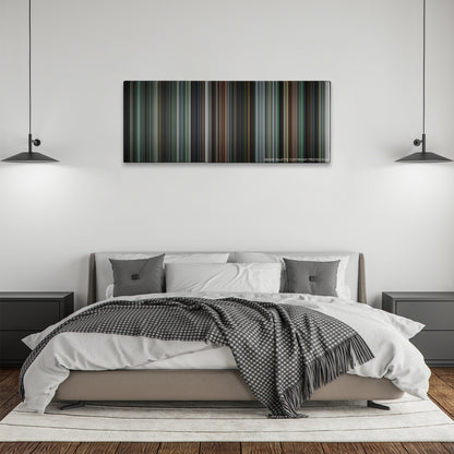The Machinist color palette canvas above a bed, between two black pendant lamps