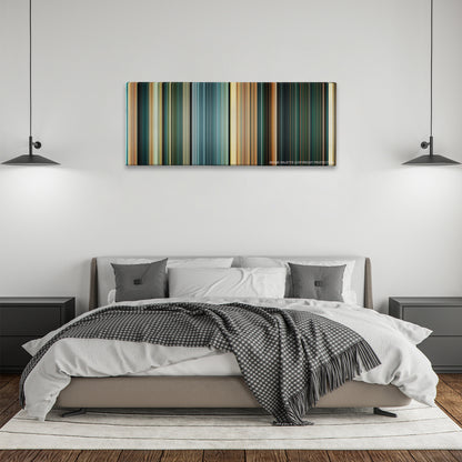 Furious 7 color palette canvas above a bed, between two black pendant lamps