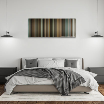 The Lives of Others color palette canvas above a bed, between two black pendant lamps