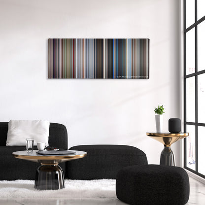 For Your Eyes Only color palette canvas above a black sofa with a gold-topped table
