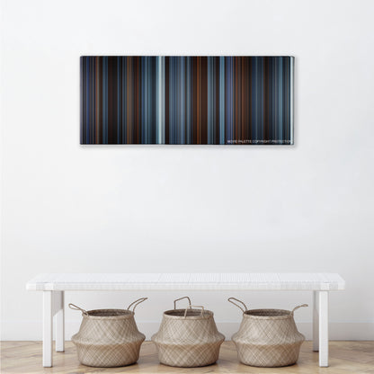 Reign of Fire color palette canvas above a white bench with three woven baskets