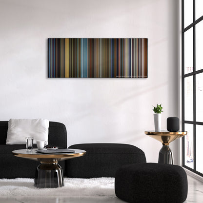 X-Men: Days of Future Past color palette canvas above a black sofa with a gold-topped table