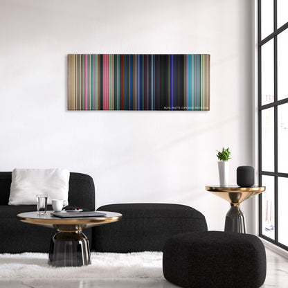 Good Time color palette canvas above a black sofa with a gold-topped table