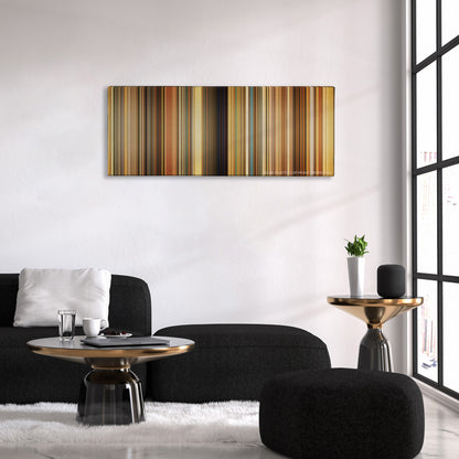 The Darjeeling Limited color palette canvas above a black sofa with a gold-topped table