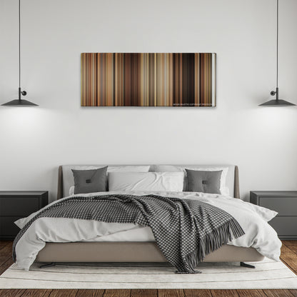 Easy A color palette canvas above a bed, between two black pendant lamps