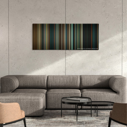 A Nightmare on Elm Street color palette canvas on a concrete wall above a gray sectional sofa