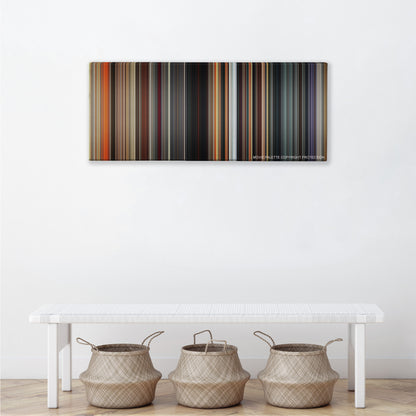 Divergent color palette canvas above a white bench with three woven baskets