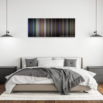 Land of the Dead color palette canvas above a bed, between two black pendant lamps