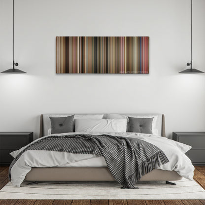 The Fighter color palette canvas above a bed, between two black pendant lamps