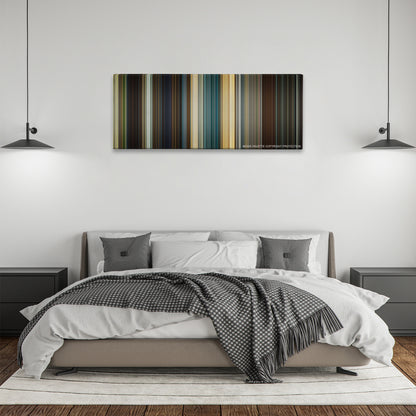Mission: Impossible - Rogue Nation color palette canvas above a bed, between two black pendant lamps