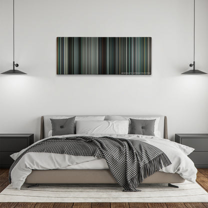 Terminator Salvation color palette canvas above a bed, between two black pendant lamps