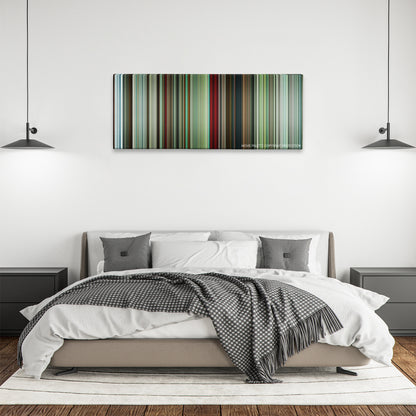 The American color palette canvas above a bed, between two black pendant lamps