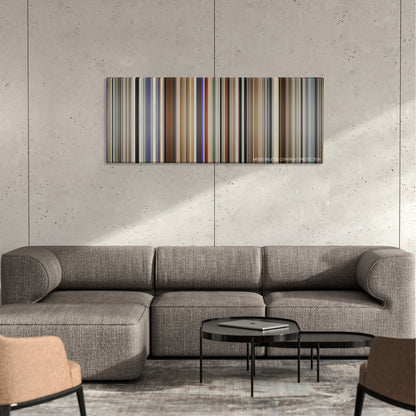 Bombshell color palette canvas on a concrete wall above a gray sectional sofa
