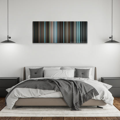 Men in Black II color palette canvas above a bed, between two black pendant lamps
