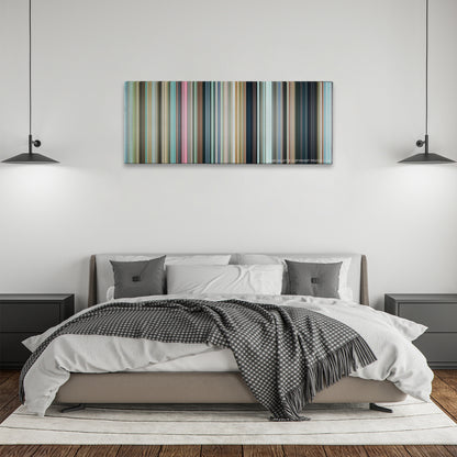 3 Idiots color palette canvas above a bed, between two black pendant lamps