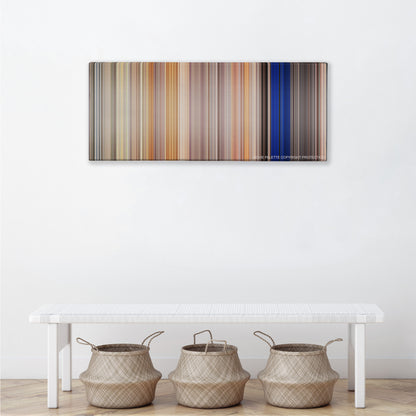 Clerks II color palette canvas above a white bench with three woven baskets