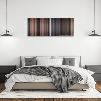 Small Soldiers color palette canvas above a bed, between two black pendant lamps