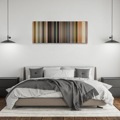 22 Jump Street color palette canvas above a bed, between two black pendant lamps