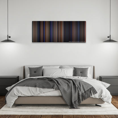 The Mask color palette canvas above a bed, between two black pendant lamps