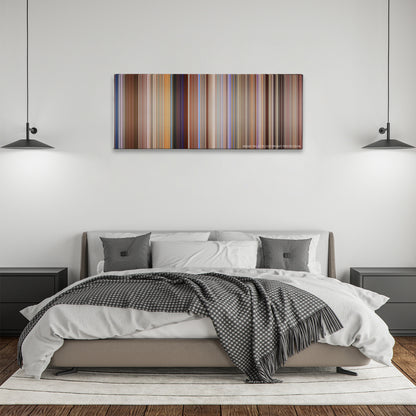 Anchorman: The Legend of Ron Burgundy color palette canvas above a bed, between two black pendant lamps