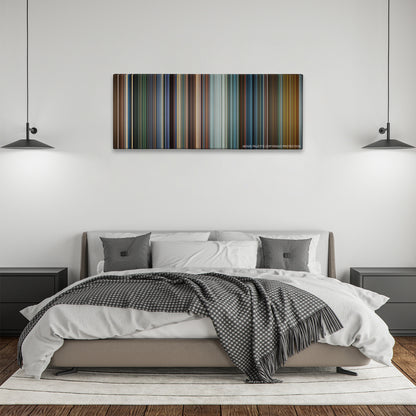 Mission: Impossible III color palette canvas above a bed, between two black pendant lamps