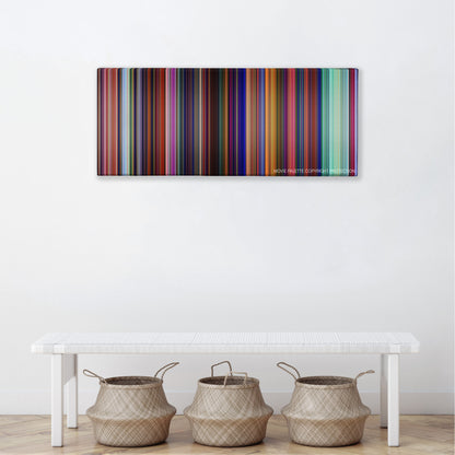 Cloudy with a Chance of Meatballs 2 color palette canvas above a white bench with three woven baskets