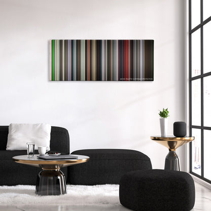 Paris, Texas color palette canvas above a black sofa with a gold-topped table