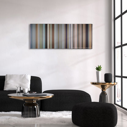 Office Space color palette canvas above a black sofa with a gold-topped table