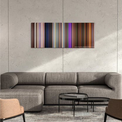Toy Story 4 color palette canvas on a concrete wall above a gray sectional sofa