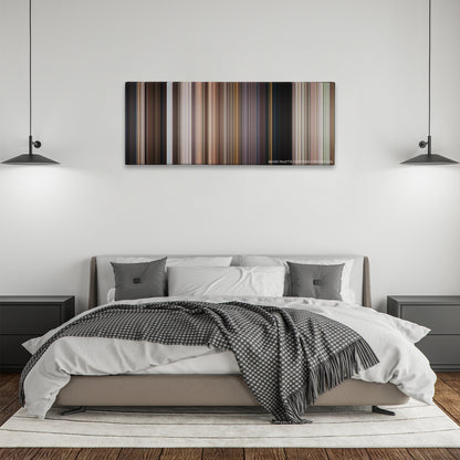 Men in Black 3 color palette canvas above a bed, between two black pendant lamps