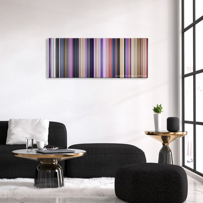 Home color palette canvas above a black sofa with a gold-topped table