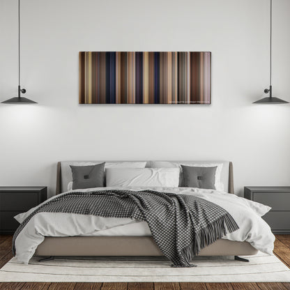 Yes Man color palette canvas above a bed, between two black pendant lamps