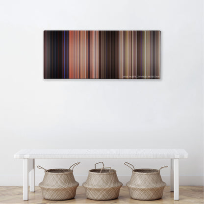 Broken Arrow color palette canvas above a white bench with three woven baskets
